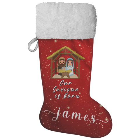 Personalised Name Fluffy Sherpa Lined Christmas Stocking - Our Saviour Is Born (Design: Red)