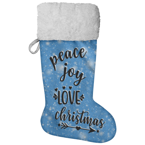 Fluffy Sherpa Lined Christmas Stocking - Peace Joy Love Christmas (Design: Blue)