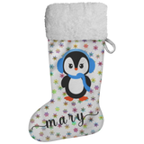 Personalised Name Fluffy Sherpa Lined Christmas Stocking - Penguin Girl (Design: Rainbow Snowflake)
