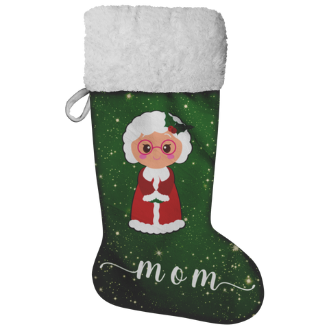 Personalised Name Fluffy Sherpa Lined Christmas Stocking - Mrs Claus (Design: Green)