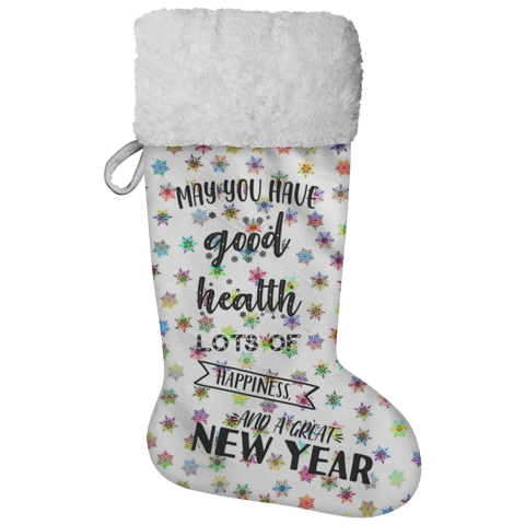 Fluffy Sherpa Lined Christmas Stocking - May You Have Good Health, Lots Of Happiness And A Great New Year (Design: Rainbow Snowflake)