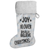 Fluffy Sherpa Lined Christmas Stocking - Joy Love Peace Believe Christmas (Design: Blue Snowflake)