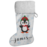 Personalised Name Fluffy Sherpa Lined Christmas Stocking - Penguin Boy (Design: Blue Snowflake)