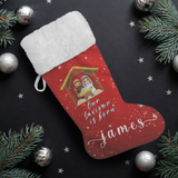 Personalised Name Fluffy Sherpa Lined Christmas Stocking - Our Saviour Is Born (Design: Red)