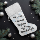 Fluffy Sherpa Lined Christmas Stocking - His Light Shines Brighter Than Rudolph (Design: Blue Snowflake)