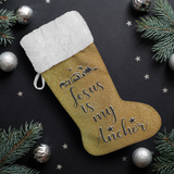 Fluffy Sherpa Lined Christmas Stocking - Jesus Is My Anchor (Design: Gold)