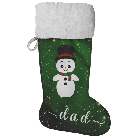 Personalised Name Fluffy Sherpa Lined Christmas Stocking - Snowman (Design: Green)