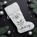 Personalised Name Fluffy Sherpa Lined Christmas Stocking - Lamb Of God (Design: Blue Snowflake)