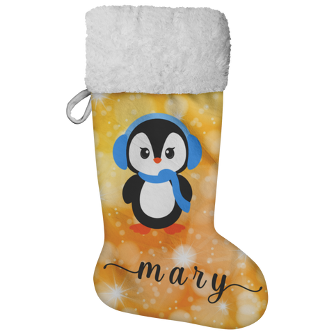 Personalised Name Fluffy Sherpa Lined Christmas Stocking - Penguin Girl (Design: Orange)