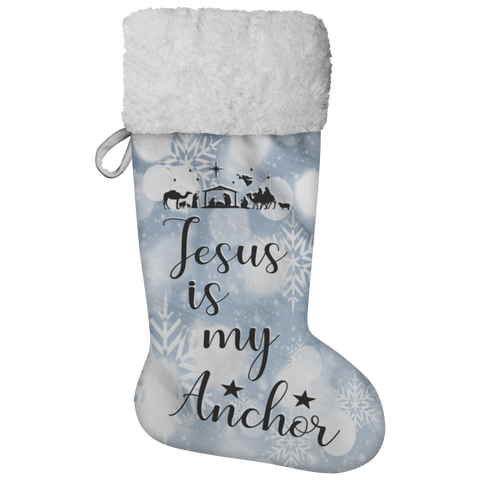 Fluffy Sherpa Lined Christmas Stocking - Jesus Is My Anchor (Design: White Snowflake)