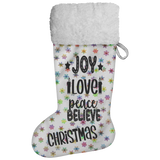 Fluffy Sherpa Lined Christmas Stocking - Joy Love Peace Believe Christmas (Design: Rainbow Snowflake)