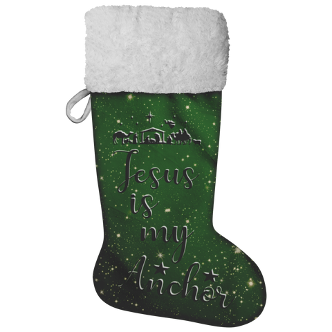 Fluffy Sherpa Lined Christmas Stocking - Jesus Is My Anchor (Design: Green)