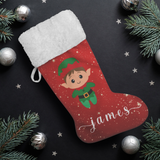 Personalised Name Fluffy Sherpa Lined Christmas Stocking - Elf Boy (Design: Red)