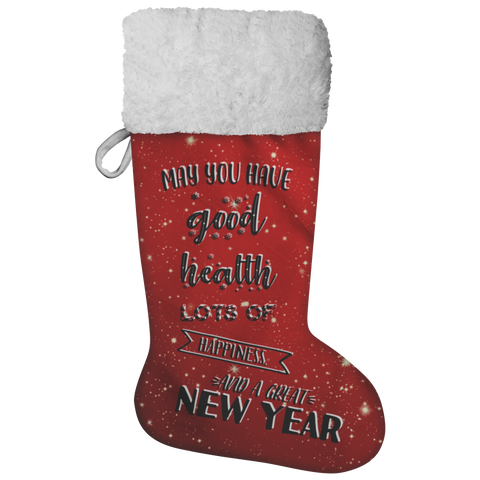 Fluffy Sherpa Lined Christmas Stocking - May You Have Good Health, Lots Of Happiness And A Great New Year (Design: Red)