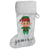 Personalised Name Fluffy Sherpa Lined Christmas Stocking - Elf Boy (Design: Blue Snowflake)