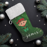 Personalised Name Fluffy Sherpa Lined Christmas Stocking - Elf Boy (Design: Green)