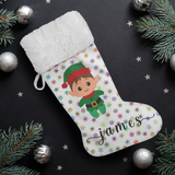 Personalised Name Fluffy Sherpa Lined Christmas Stocking - Elf Boy (Design: Rainbow Snowflake)