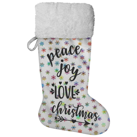 Fluffy Sherpa Lined Christmas Stocking - Peace Joy Love Christmas (Design: Rainbow Snowflake)