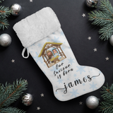 Personalised Name Fluffy Sherpa Lined Christmas Stocking - Our Saviour Is Born (Design: Blue Snowflake)