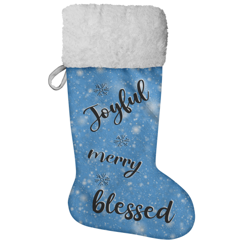 Fluffy Sherpa Lined Christmas Stocking - Joyful Merry Blessed (Design: Blue)