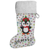Personalised Name Fluffy Sherpa Lined Christmas Stocking - Penguin Boy (Design: Rainbow Snowflake)
