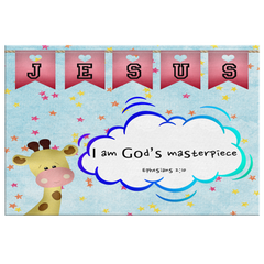 Hope Inspiring Nursery & Kids Bedroom Framed Canvas Wall Art - I Am God's Masterpiece ~Ephesians 2:10~ (Design: Giraffe 2)