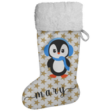 Personalised Name Fluffy Sherpa Lined Christmas Stocking - Penguin Girl (Design: Gold Star)