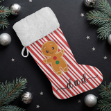 Personalised Name Fluffy Sherpa Lined Christmas Stocking - Gingerbread Man (Design: Candy)