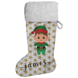 Personalised Name Fluffy Sherpa Lined Christmas Stocking - Elf Boy (Design: Gold Star)