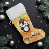 Personalised Name Fluffy Sherpa Lined Christmas Stocking - Penguin Boy (Design: Orange)