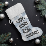 Fluffy Sherpa Lined Christmas Stocking - Joy Love Peace Believe Christmas (Design: White Snowflake)