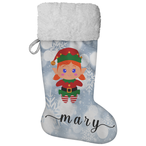 Personalised Name Fluffy Sherpa Lined Christmas Stocking - Elf Girl (Design: White Snowflake)