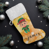 Personalised Name Fluffy Sherpa Lined Christmas Stocking - Elf Boy (Design: Orange)