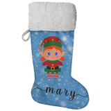 Personalised Name Fluffy Sherpa Lined Christmas Stocking - Elf Girl (Design: Blue)