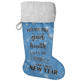 Fluffy Sherpa Lined Christmas Stocking - May You Have Good Health, Lots Of Happiness And A Great New Year (Design: Blue)