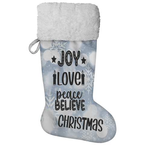 Fluffy Sherpa Lined Christmas Stocking - Joy Love Peace Believe Christmas (Design: White Snowflake)