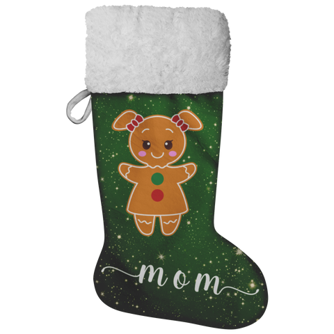 Personalised Name Fluffy Sherpa Lined Christmas Stocking - Gingerbread Woman (Design: Green)