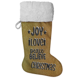 Fluffy Sherpa Lined Christmas Stocking - Joy Love Peace Believe Christmas (Design: Gold)