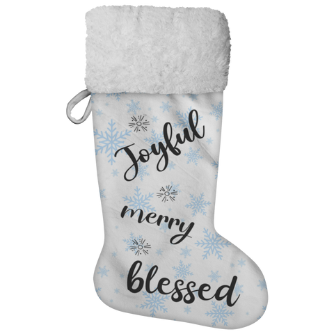 Fluffy Sherpa Lined Christmas Stocking - Joyful Merry Blessed (Design: Blue Snowflake)