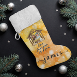 Personalised Name Fluffy Sherpa Lined Christmas Stocking - Our Saviour Is Born (Design: Orange)