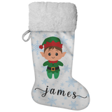 Personalised Name Fluffy Sherpa Lined Christmas Stocking - Elf Boy (Design: Blue Snowflake)