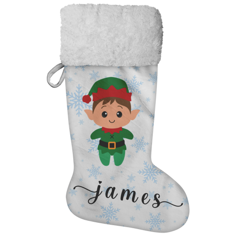 Personalised Name Fluffy Sherpa Lined Christmas Stocking - Elf Boy (Design: Blue Snowflake)