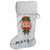 Personalised Name Fluffy Sherpa Lined Christmas Stocking - Elf Girl (Design: Blue Snowflake)
