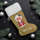 Personalised Name Fluffy Sherpa Lined Christmas Stocking - Mrs Claus (Design: Gold)