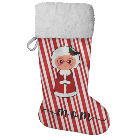Personalised Name Fluffy Sherpa Lined Christmas Stocking - Mrs Claus (Design: Candy)