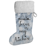 Fluffy Sherpa Lined Christmas Stocking - Jesus Is My Anchor (Design: White Snowflake)