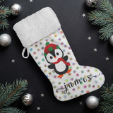 Personalised Name Fluffy Sherpa Lined Christmas Stocking - Penguin Boy (Design: Rainbow Snowflake)