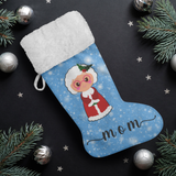 Personalised Name Fluffy Sherpa Lined Christmas Stocking - Mrs Claus (Design: Blue)