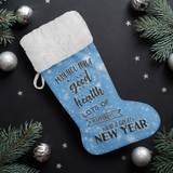 Fluffy Sherpa Lined Christmas Stocking - May You Have Good Health, Lots Of Happiness And A Great New Year (Design: Blue)