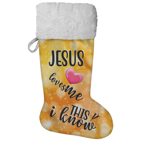 Fluffy Sherpa Lined Christmas Stocking - Jesus Loves Me This I Know (Design: Orange)